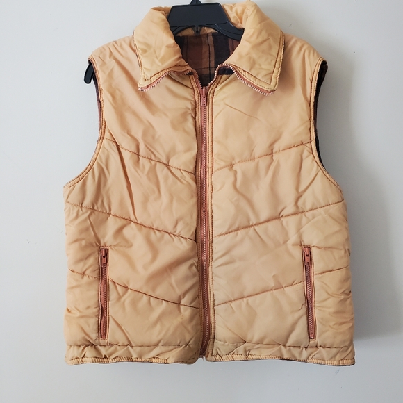 Vintage 70s Puffer Reversible Plaid Brown Zip Up Vest Mens Medium-Large - Picture 2 of 13
